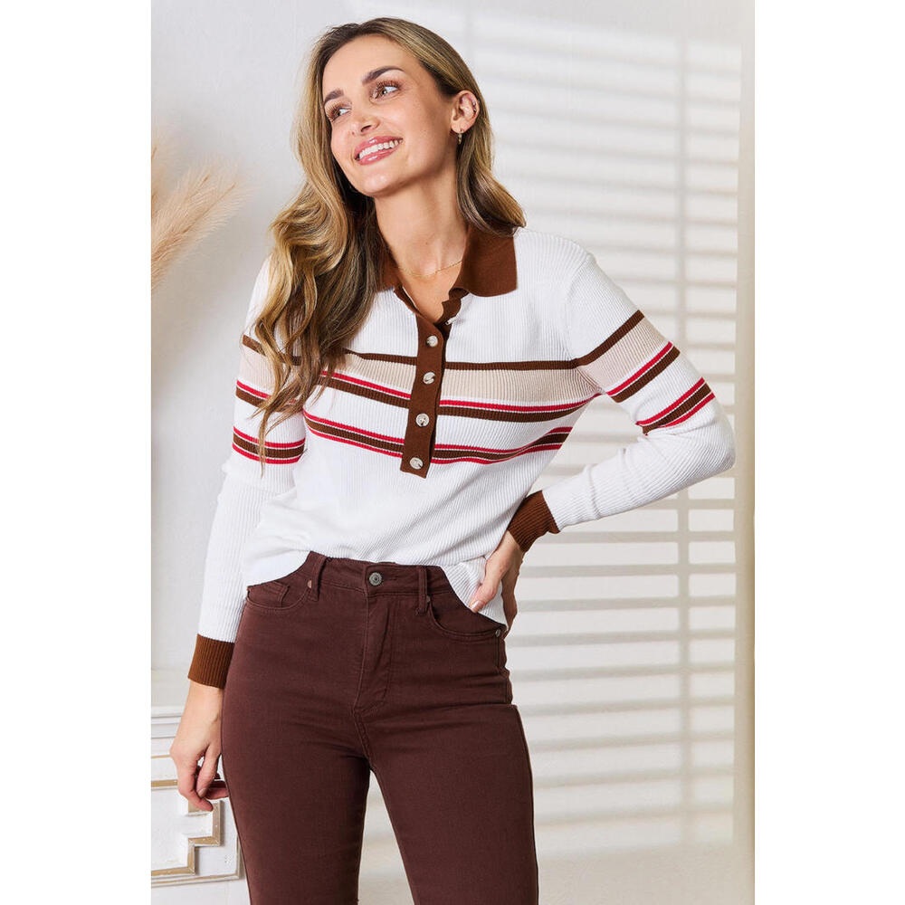 Striped Collared Neck Rib-Knit Top